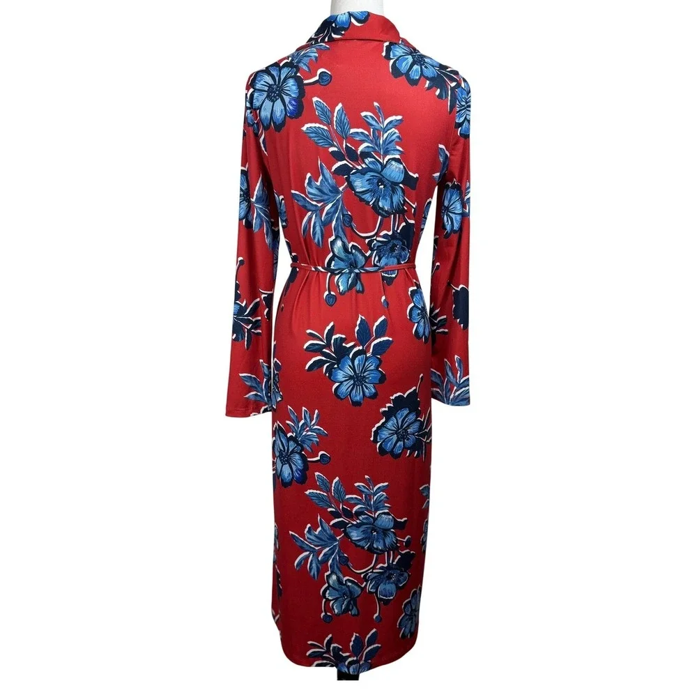 Zara Red Blue Floral Long‎ Sleeve Button Front Midi Dress Small Colorful Boho